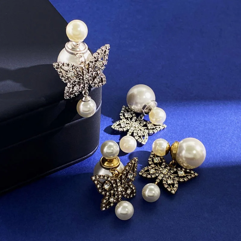 Donia Jewelry Fashion New Butterfly Titanium Steel Micro-Inlaid AAA Zircon Silver Needle Luxury Palace Pearl Earrings.