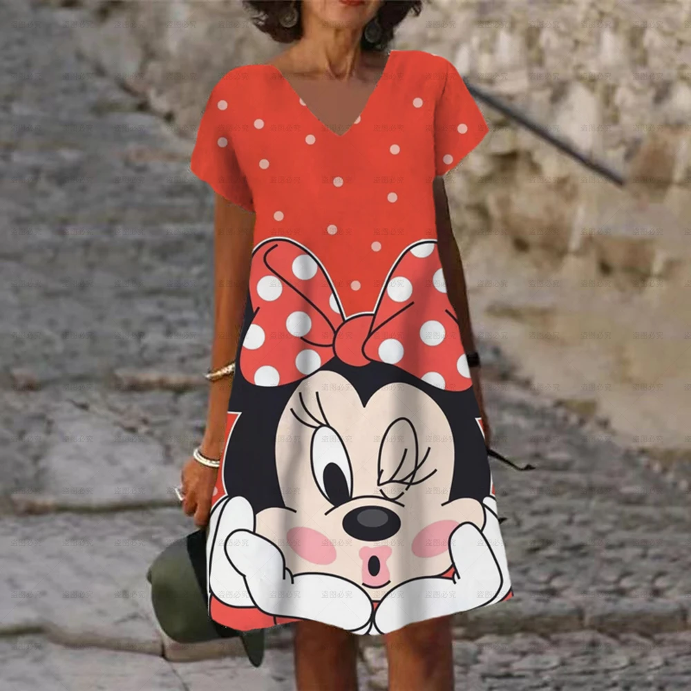 

Summer Disney-Mickey Minnie Boho Beach Dress Vintage Elegant Polka Dot Short Sleeve A-Line Sexy night Party Mini Dress Sundress
