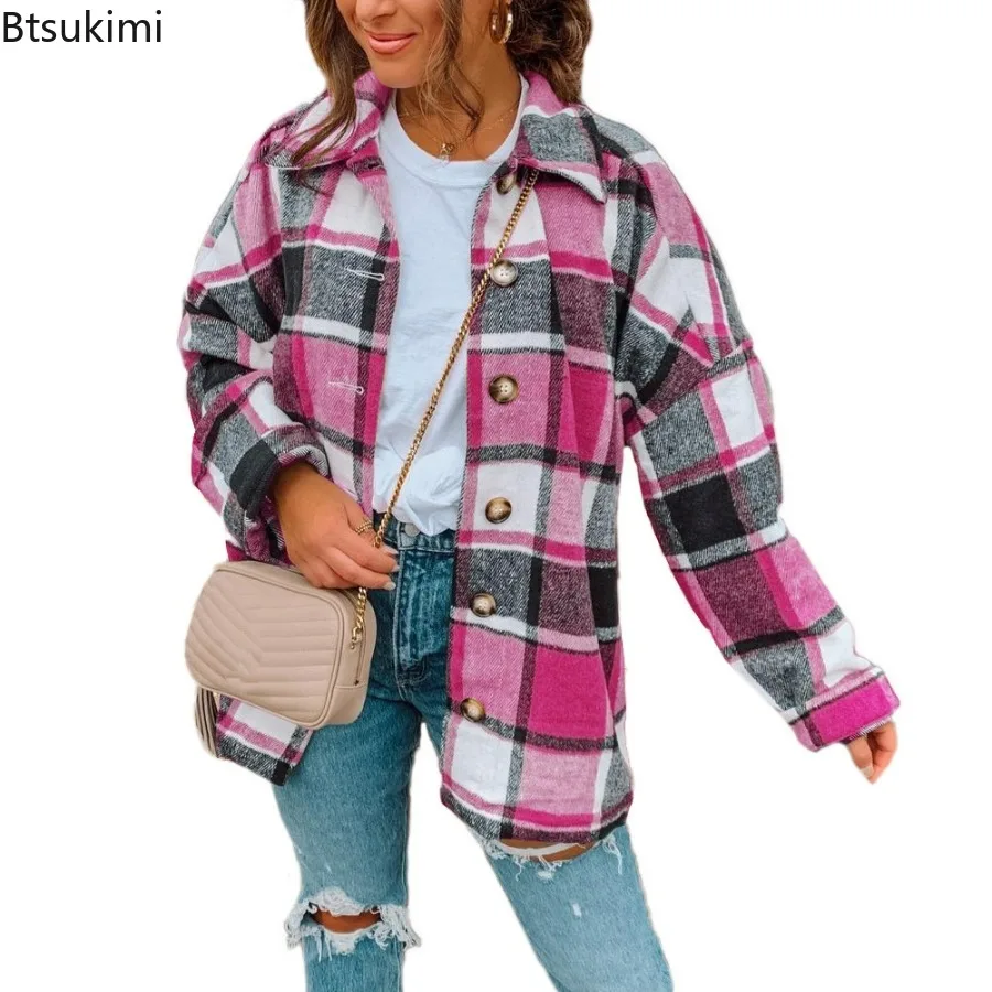 2023 Women‘s Casual Jacket Coat Overshirt Long Checkered Jacket Female Long Sleeve Oversized Loose Shirt Jackets Coats For Women