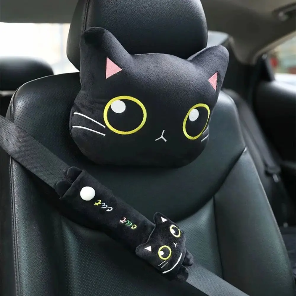 Cute Cat Car Neck Pillow Cartoon Cat Head Car Headrest Travel Cushion Cat Seatbelt Shoulder Pads Covers Rearview Mirror Cover