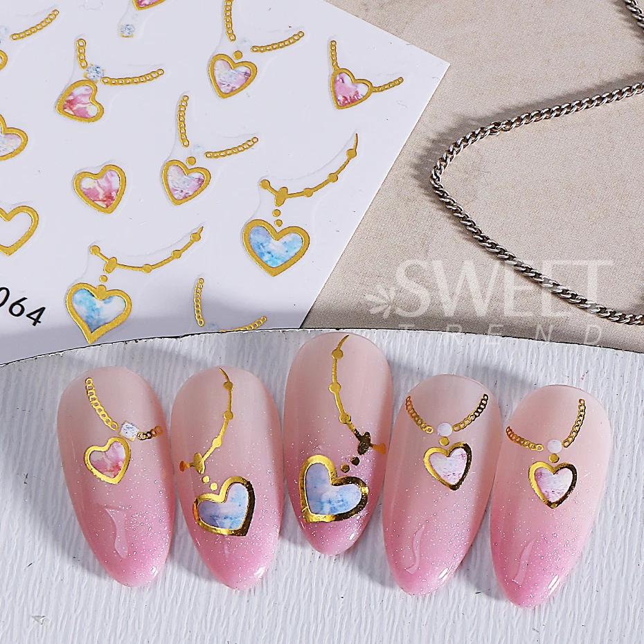 2pcs Metallic Love Heart Nail Stickers 3D Bronzing Line Peach Heart Nail Decals DIY Romantic Valentine's Day Manicure Decoration