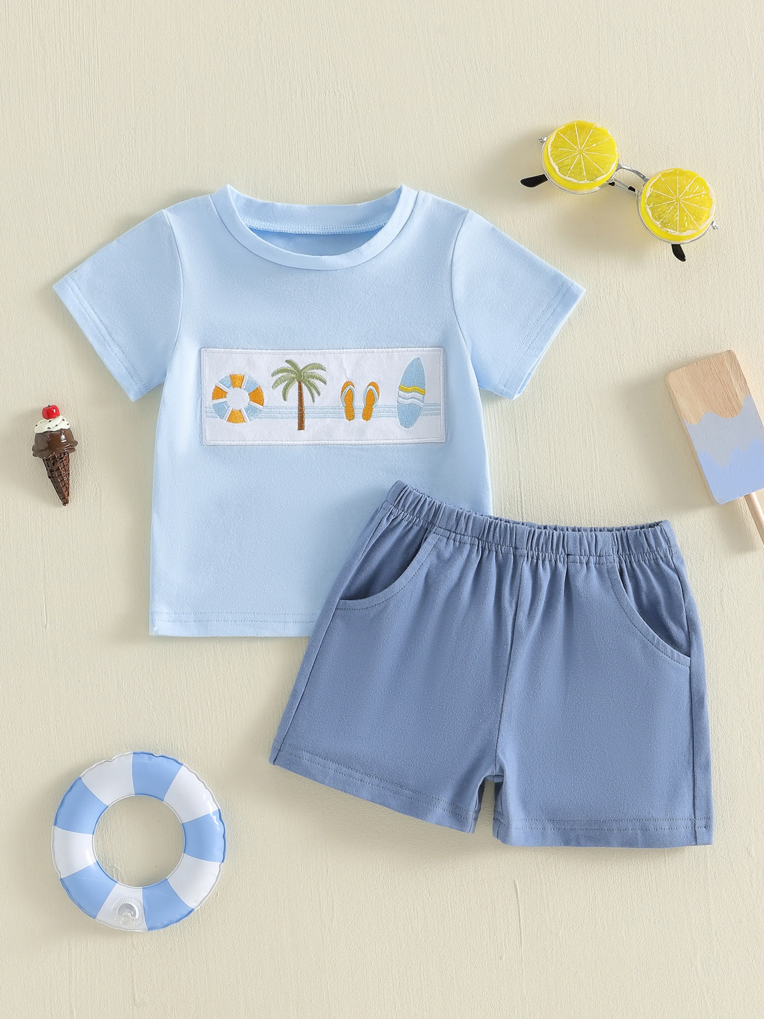 طقم ملابس صيفي للأطفال الصغار من الأولاد، قميص بأكمام قصيرة مطرز بشجرة جوز الهند، وشورت، طقم ملابس لطيف