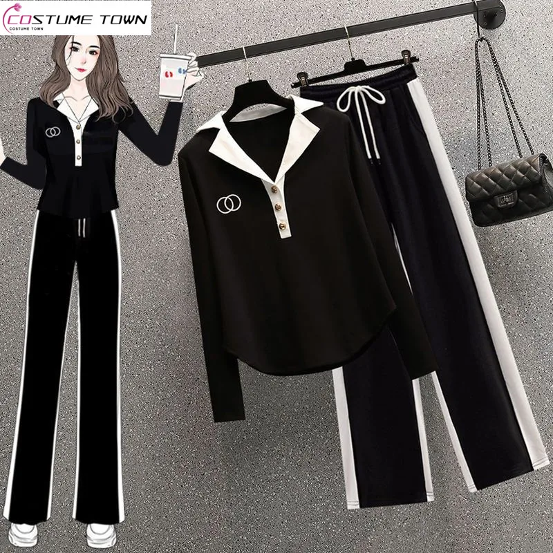 Spring and Autumn Women's Set 2023 New Korean Polo Collar Reduced Age Long Sleeve Top Casual Pants Fashion Set