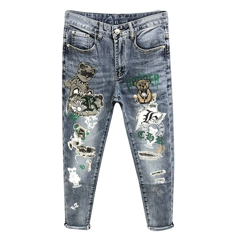 

New Spring Autumn Korean Fashion Bear Cartoon Graphical Polished Denim Cargo Boyfriend Streetwear Designer PRINTED JEANS