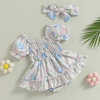 ma&Baby 0-24M Summer Baby Girl Romper Newborn Infant Baby Floral Print Ruffle Jumpsuit Playsuit Sunsuit Headband Outfits 6
