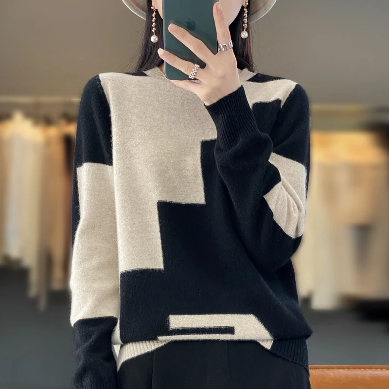 

Pullover 100% wool women's sweater color-blocking long-sleeved cashmere knitted loose sweater spring and autumn new hot undershi