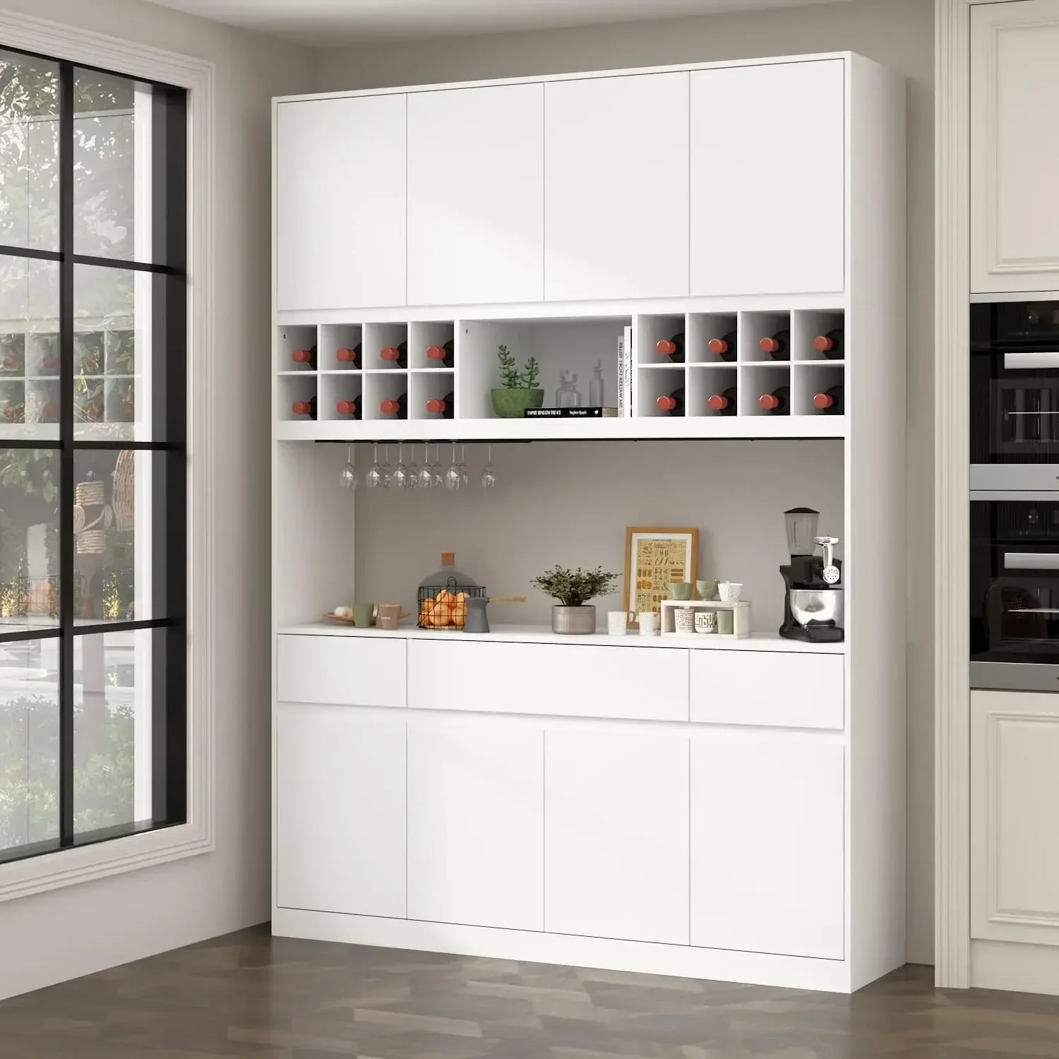 63" Wide Kitchen Hutch Cabinet, Storage Cupboard Pantry with 8 Doors, 3 Drawers, Wine Rack & Microwave Shelf, Utility Cupboard