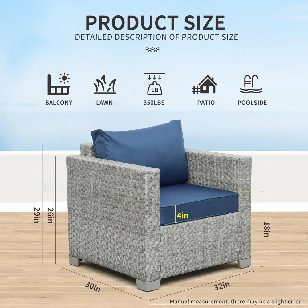 Outdoor Sofa Wicker Patio Chairs Set of 2, Porch Single Chair Rattan Deep Seating Armchair Balcony Furniture with Blue Cushion 2