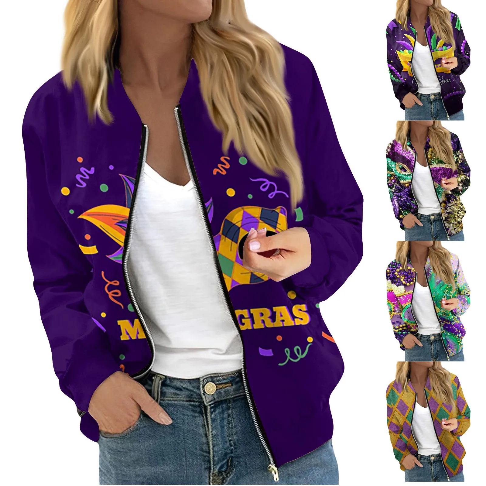 

Jackets For Women Long Sleeve Lightweight Zip Up Cropped Fashion Mardi Gras Print Outerwear Casual Quilted Jackets Whith Pockets