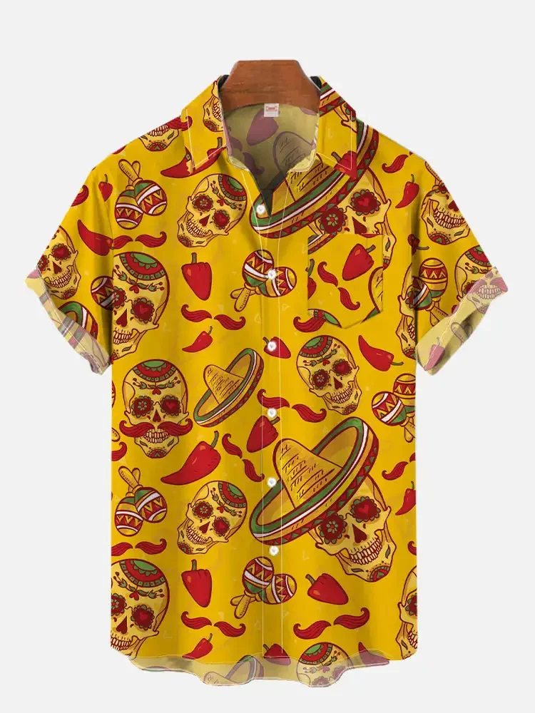 New Mexican Party Creative 3D Printed Hawaiian Loose Short Sleeve Pocket Shirt