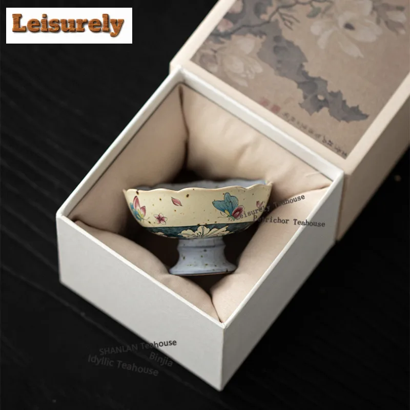 50ML Caramel Glaze Butterfly Lily High Foot Teacup Handmade Tea Bowl Jug Tea-tasting Personal Cup Chazhan Master Cups Cha Gift