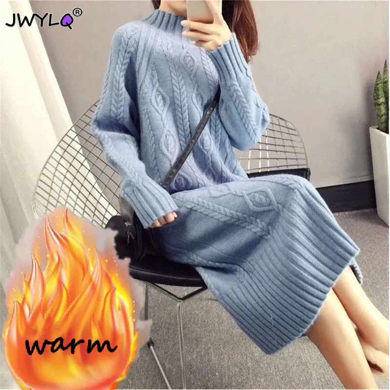 

Winter Thicken Plus Velvet Sweater Dress Women's Fall Mock Neck Rib Knit Bottoming Dresses Elegant Warm Vestido Midi With Coats