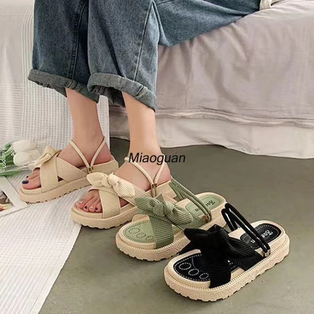 Korean Fashion Women's Two-In-One Beach Slippers Sandals Fairy Style Thick Sole Beach Flops with Butterfly-Knot _ AliExpress Mobile