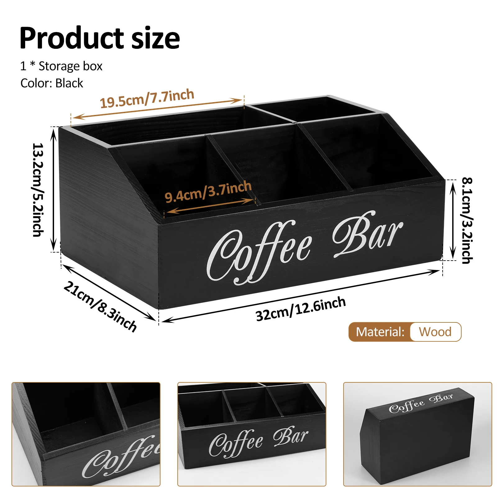 Organizzatore Da Bar In Legno Per Caffè E Tè – 5 Scomparti, Stazione Vintage Con Scritta 'Coffee Bar', 32x21x13 Cm, Nero