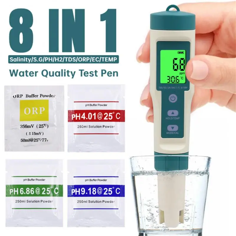 

8 IN 1 Digital Water Quality PH Test Pen With Backlight TDS/EC/PH/ORP Temp Meter Analysis Instruments Hydrogen-rich Drinking HOT
