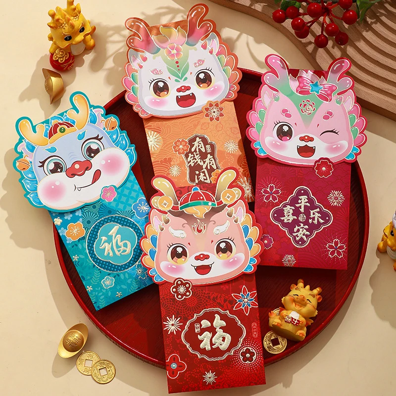 

4Pcs Cute Chinese New Year Red Envelopes Cartoon Creative 2024 Year Of The Dragon Red Packets HongBao Gift Money Envelopes