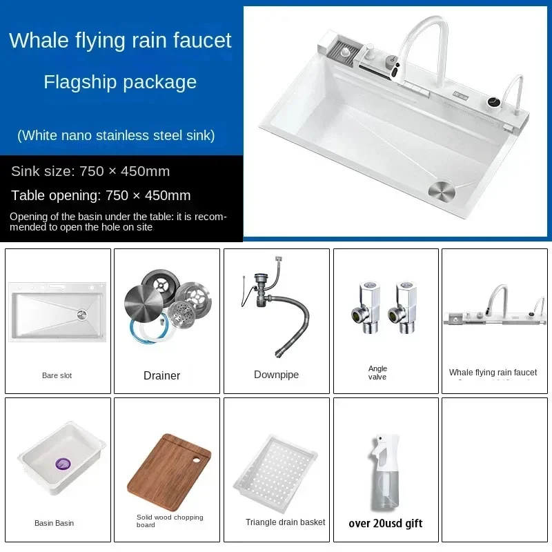 White flying rain waterfall sink integrated multi-functional large single slot 304 stainless steel vegetable washing sink 6