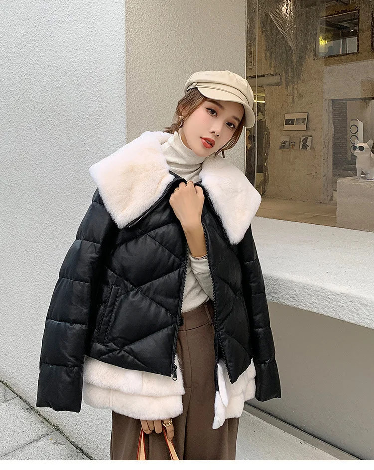 

2024 New 100% Genuine Leather Jacket Women Short Sheepskin Coat Female Warm Down Jackets Rex Rabbit Fur Collar Femme Veste