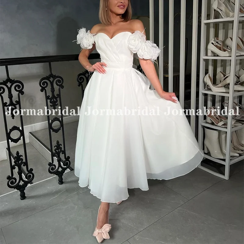 

Sweetheart Neckline Short Bridal Dress with Handmade Flowers Pleated Organza Satin Summer Wedding Gowns Tea Length Bride Dresses