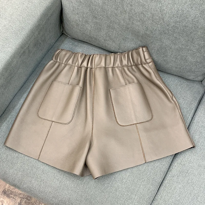 Autumn New Designer Women's High Quality Genuine Leather High-rise Wide-leg Shorts A891
