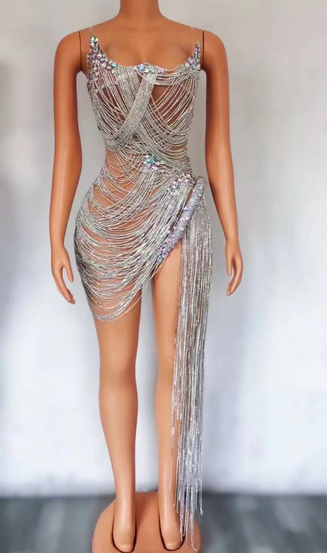 Womens Dress Rhinestones Chains Crystals Dress Women Celebrate Birthday Evening Dress Prom Outfit Sexy See Through Show Stage Wear