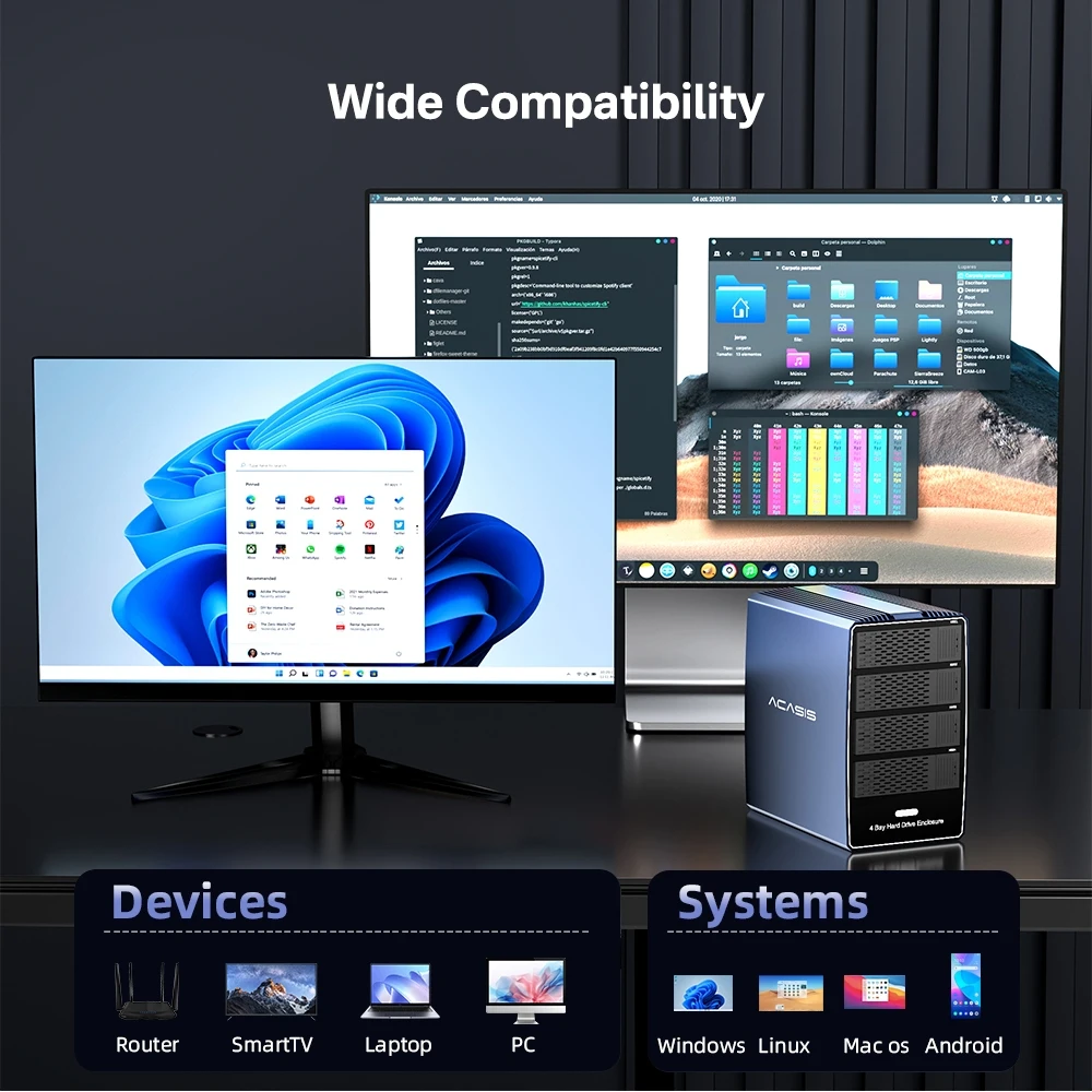 ACASIS 4베이 SAS/SATA 하드 드라이브 인클로저 2.5/3.5인치 외장 SAS HDD 인클로저 (USB-C to USB-A/C 케이블 포함) HDD SSD 케이스