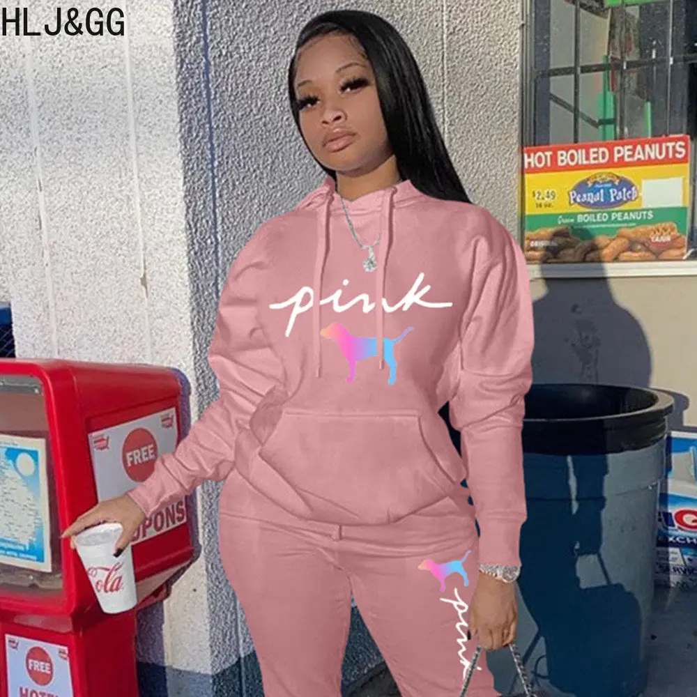 HLJ&GG Fashion Streetwear Women PINK Letter Print Hooded Top And Jogger Pants Two Piece Sets