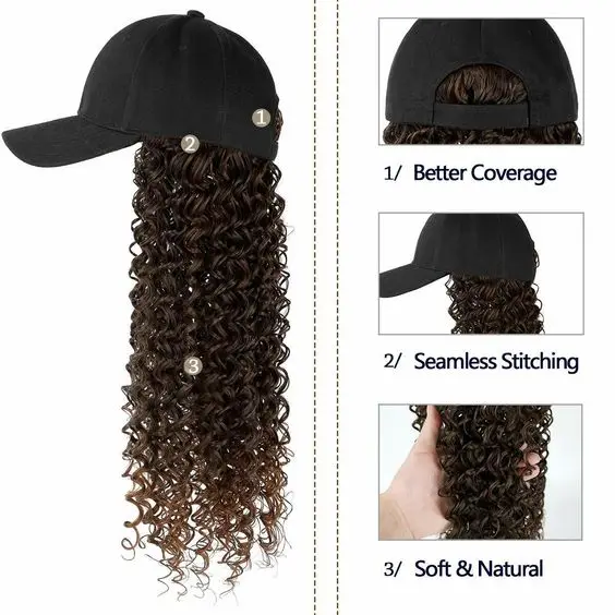 Synthetic Wig With Baseball Cap Wave Wavy Long Curly Hair Adjustable Cap Hair Extensions Natural Hairpiece For Women