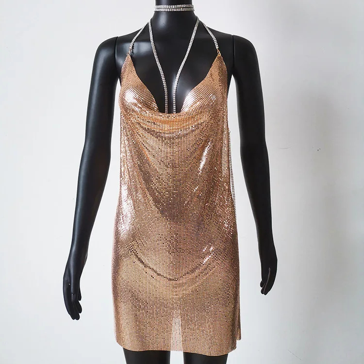 

Hot Selling European and American Women's Metal Sequin Neck Hanging Dress Sexy Backless Spicy Girls' Suspender Dress