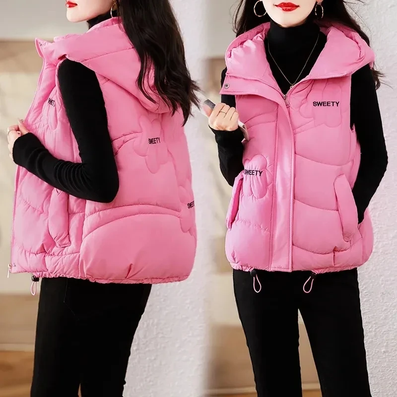 

2023 Autumn Winter New Fashion Down Cotton Vest Women Hooded Loose Casual Sleeveless Warm Waistcoat Jacket Outerwear Female Top
