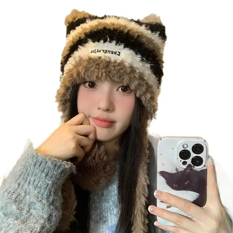 Cat Ear Contrast Stripe Handmade Crochet Plush Beanie Hat Woman Cute Ear Protection Warm Imitation Mink Wool Cap in Winter Hats winter hat,wool hat,knit beanie hat