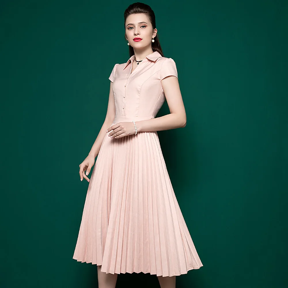 

High End Dress Women'S New Summer French Style Polo Collar Short Sleeve Retro Pleated Skirt