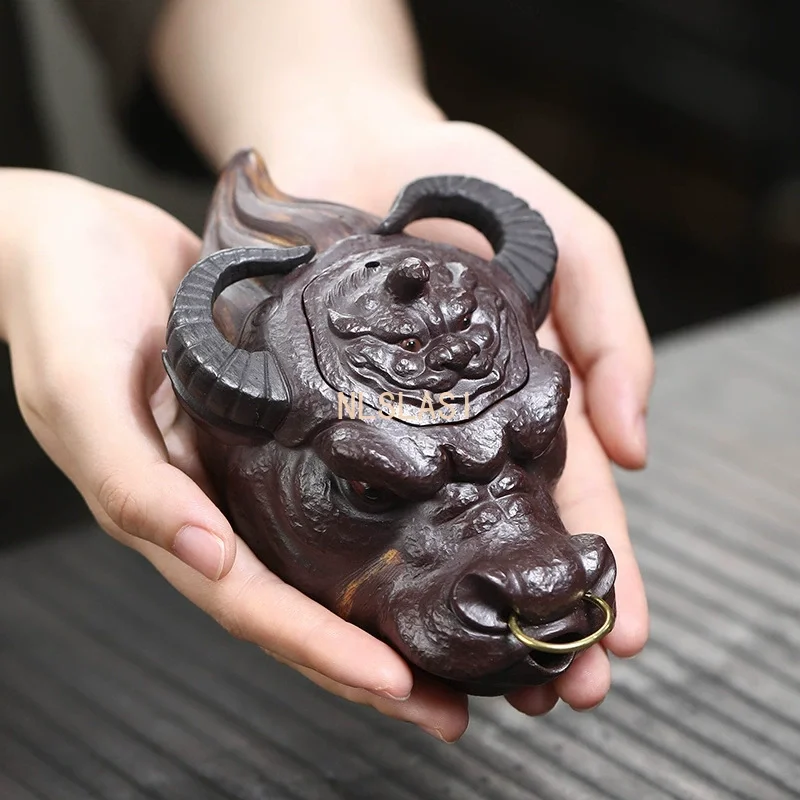 140ml Authentic Yixing Purple Clay Teapots Artists Handmade Ox-head Pot Raw Ore Mud Hand Grab Kettle Zisha Tea Set Collection
