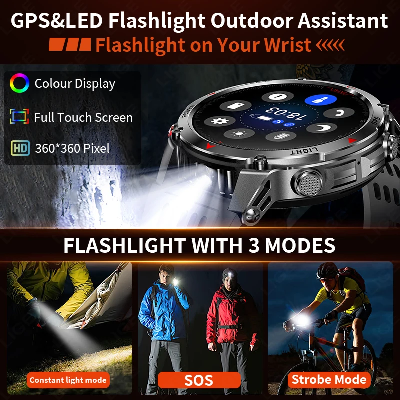 LIGE New Outdoor Military GPS Smart Watch Men 1.46" AMOLED Compass Altimeter BT Call 3ATM Waterproof Clock LED Sports Smartwatch