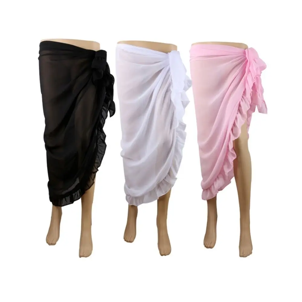 Women Fashion Ruffle Design Sarong Chiffon Material Sheer Fabric Beach Dress Long Length Solid Color Pareo Dress Sun Protection 4