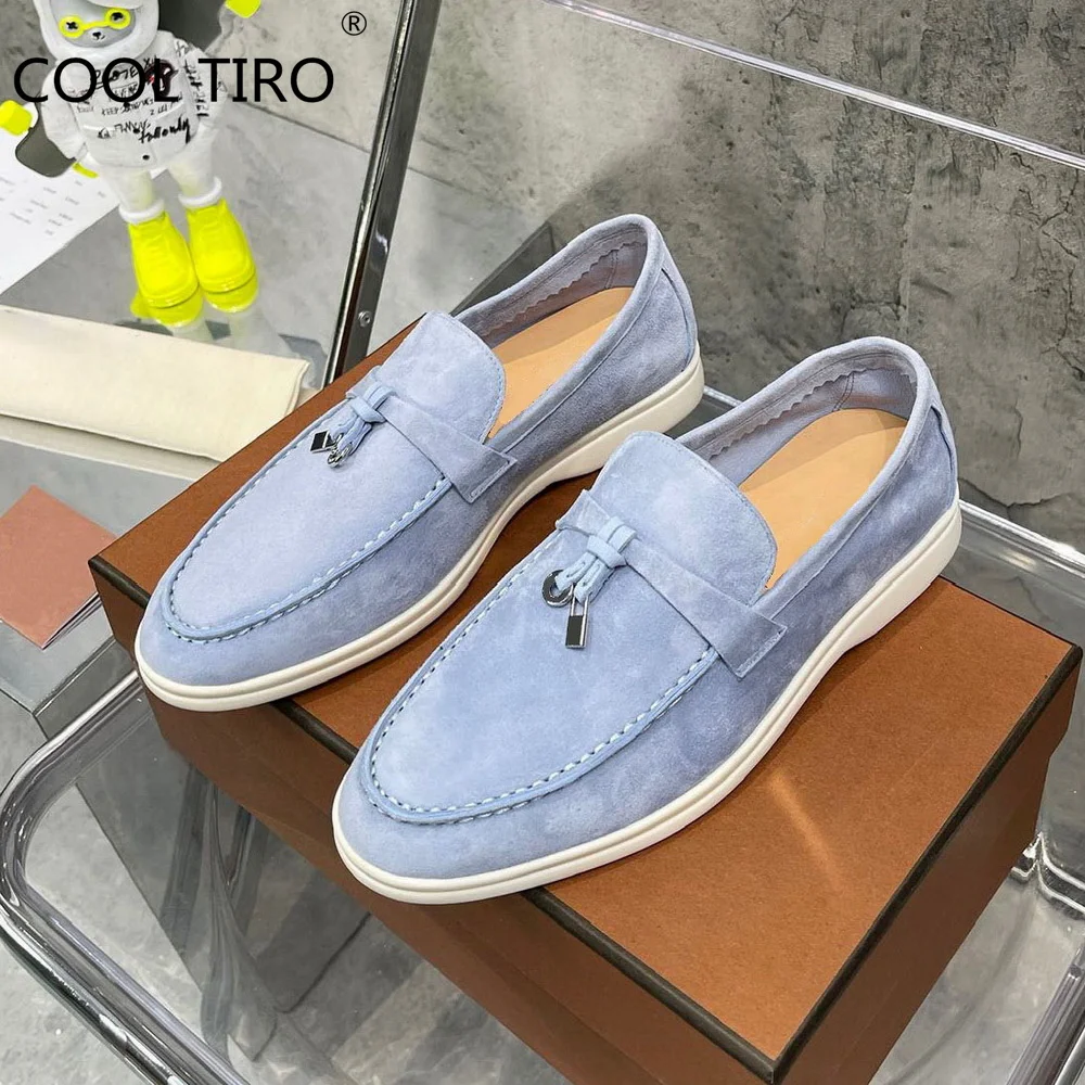 Mocasines ante azul para mujer, planos sin cordones de cuero genuino con Metal, informales, suaves para conducir, para verano - AliExpress