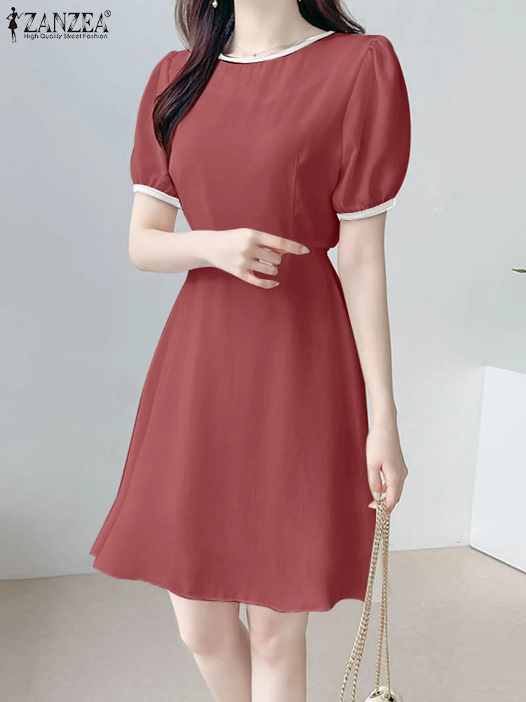 

Women Short Sleeve Mini Dress ZANZEA 2024 Summer Crewneck Sundress Elegant Patchwork Colorblock Vestidos Casual A Line Dresses