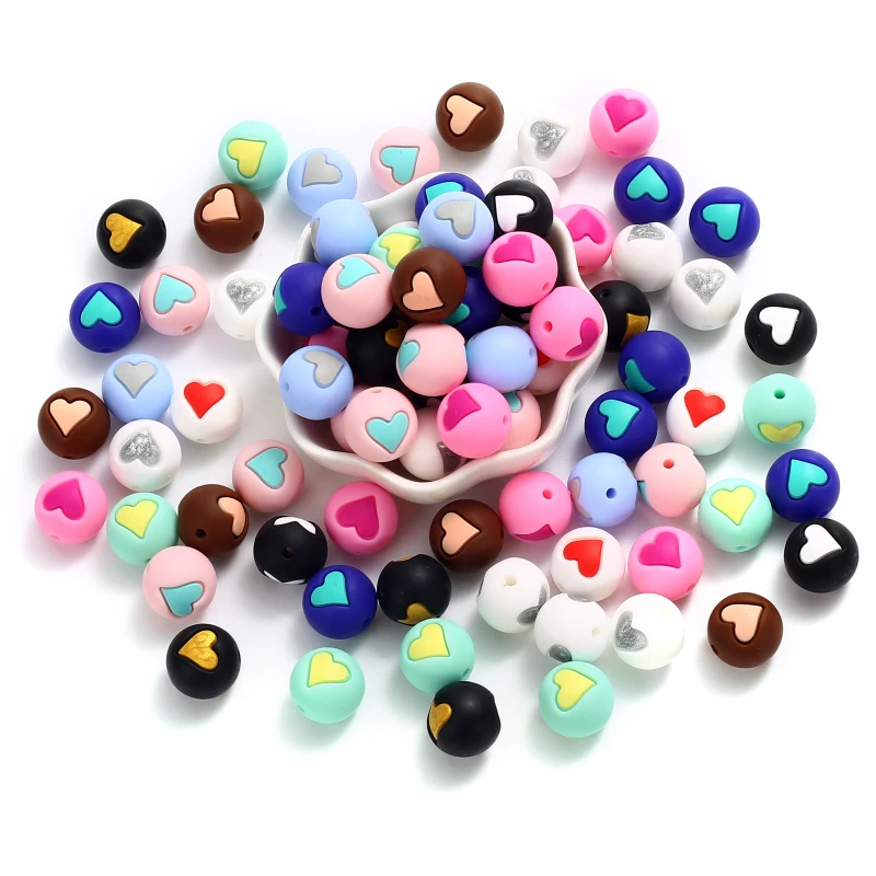 Colorful Silicone Chewing Beads 15mm Round Heart Teether Beads For Jewelry Making Accessory DIY Bracelet Pacifier Chain 10Pcs teething toys silicone teething toys baby teething toys silicone beads silicone teething beads