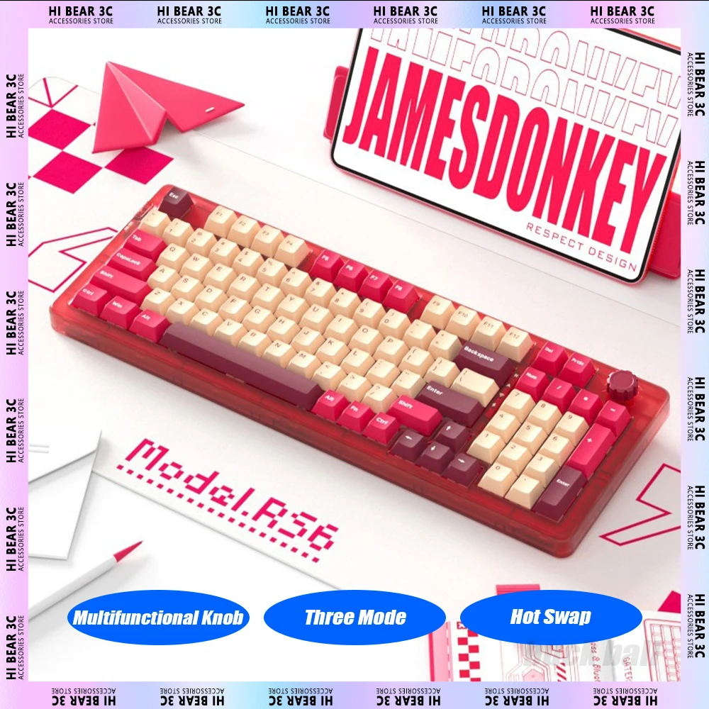 

jamesdonkey RS6 Mechanical Keyboard Multifunctional Knob Three Mode Hot Swap RGB Wireless Gaming Keyboard 96 Keys 5000mAh Gamer