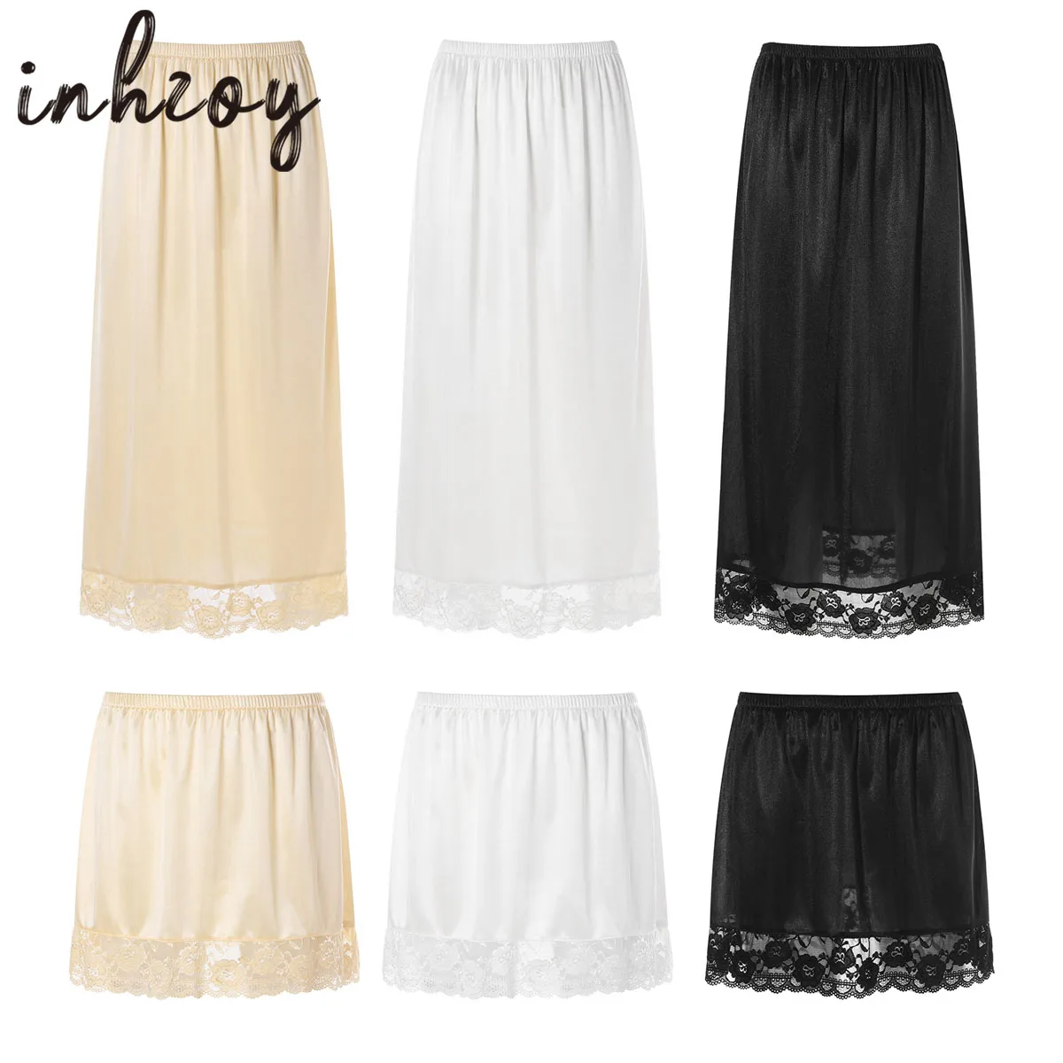 Womens Girls Ice Silk Half Slips Underskirt Basic Soft Lace Trim Petticoat Underdress Intimates Safety Long Skirt Underwear petticoat skirt,half slip skirt