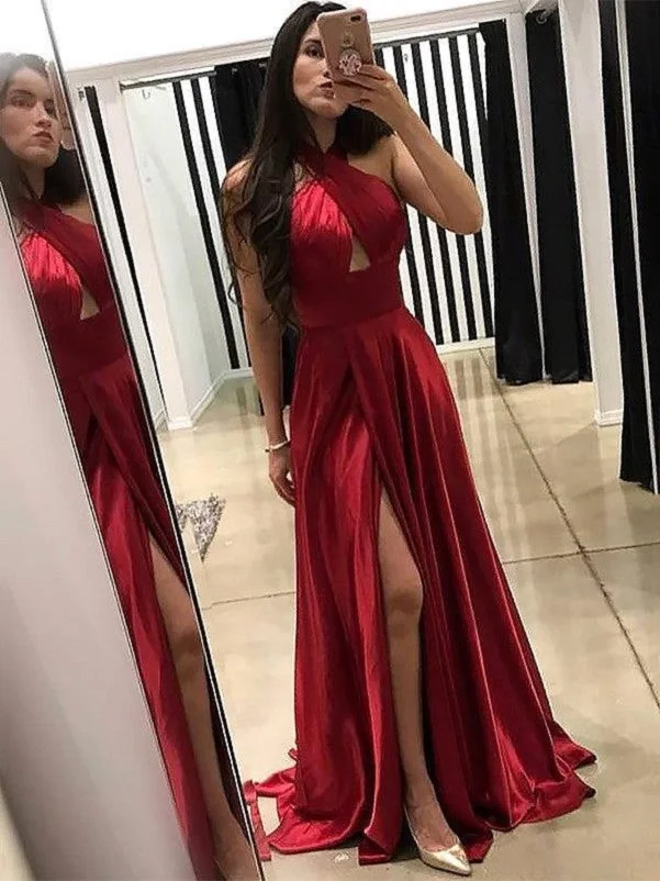 plus size formal dress Summer Sexy Red Evening Dresses Women A Line Satin Halter High Split Sweep Train Sequins Prom Gowns Formal Party Wear long formal dresses for women