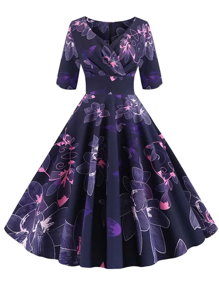 Half Sleeve Black Summer Women Dress Floral Print Vintage Party Dresses Robe Casual Retro A-Line Vestidos 6