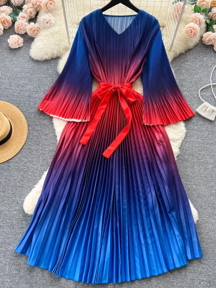 

Fashion New Vintage Pleated Women Autumn Dresses Casual A-Line Elegant Chic Party Dress with Belted Robe Female Clothes Mujers