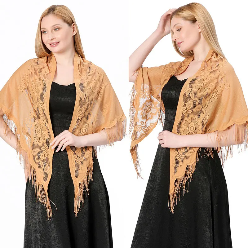 Fashion Women Solid Color Triangle Wrap Shawl Tassel Flower Lace Scarf Summer Sunscreen Cape Hollow Mesh Scarves Headscarf