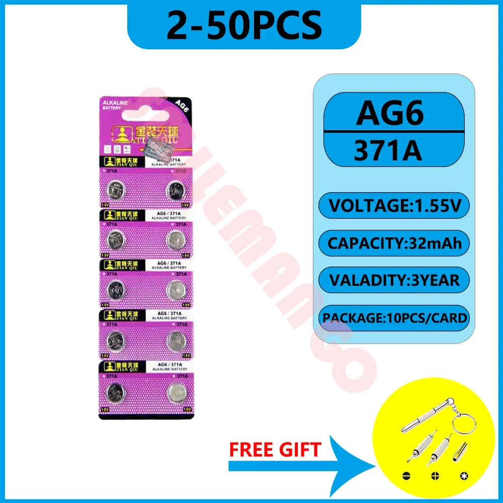 

Щелочная батарея TIANQIU AG6 1,55 в, Кнопочная монетница 371 SR920SW LR920 SR927 171 370 L921 LR69 SR920, батарейка для часов, Прямая поставка