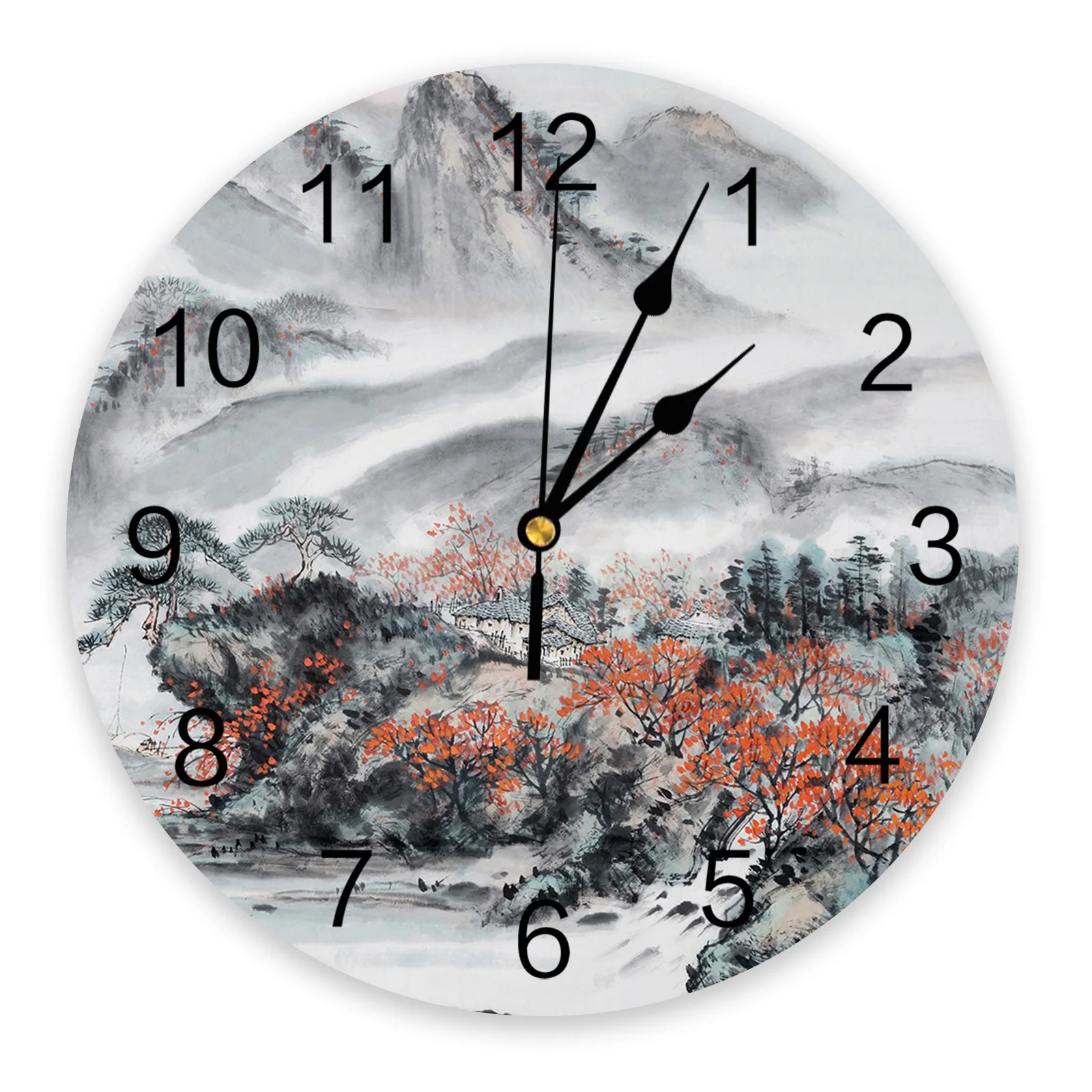 중국 스타일 잉크 그림 PVC 벽 시계 현대 디자인 홈 장식 침실 침묵 Oclock 시계 벽 거실