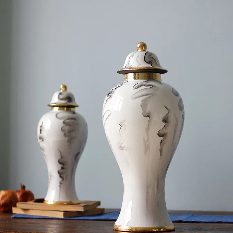 

European Style Gold-plated Ink Ceramic Jar Large Sealed Storage Jar Flower Arrangement Flower Vase Porcelain Art Vase Home Decor