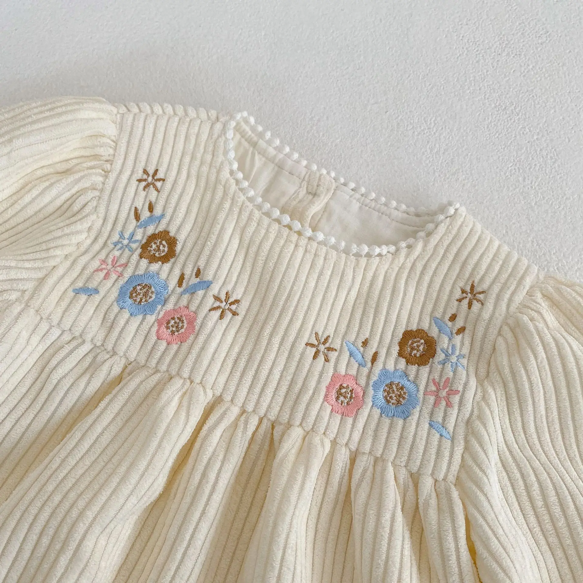 Spring Baby Girl Dress Infant Clothing Autumn Children Embroidered Lace Collar Bubble Long Sleeve Pit Striped Ladies Style Dress girls dress
