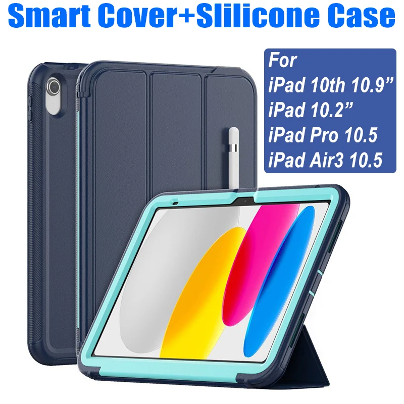 

2in1 Leather Smart Cover + Silicone Case For iPad 10th 10.9 10.2 Air3 Pro 10.5 Kids Safe Heavy Duty Armor Shockproof Cover