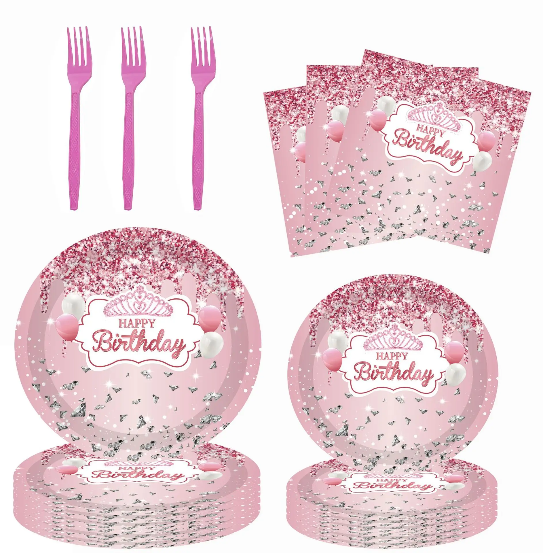 

Pink Diamond Theme Disposable Tableware Princess Crown Birthday Napkins Plates Princess Girls Happy Birthday Party Supplies